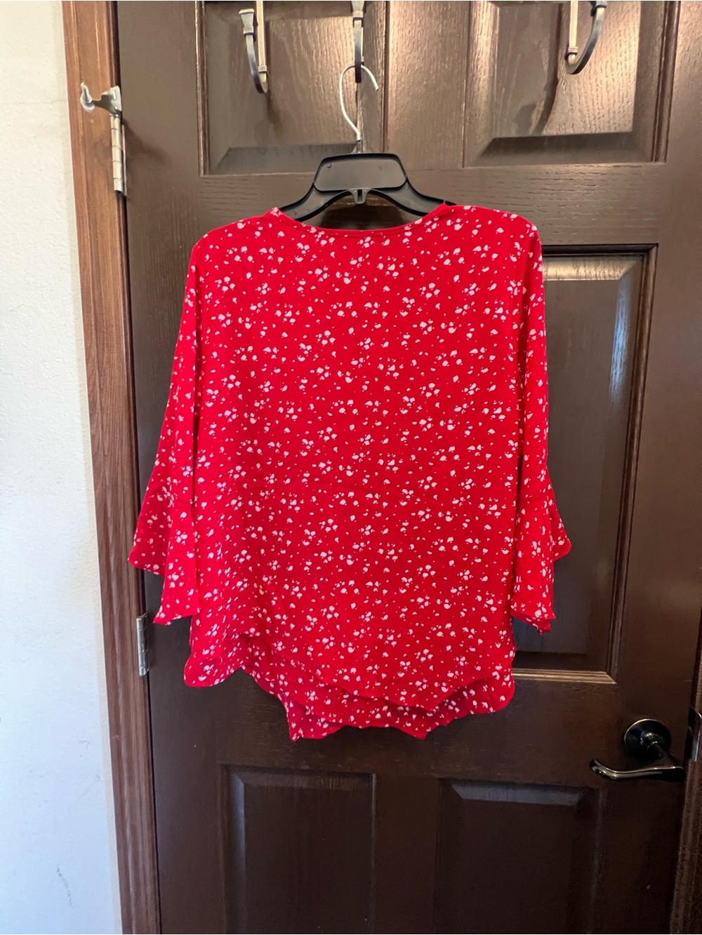 Red V-Neck Women's Top with White Dot Print - Picture 5 of 5